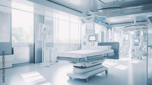 modern or futuristic hospital room indoor, hospital bed