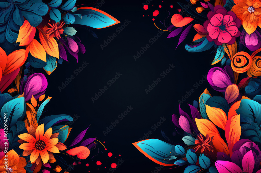 Frame with colorful flowers and leaves on black background. Generative AI
