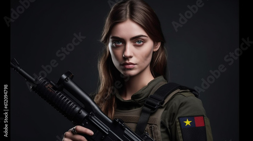 young adult female wearing a uniform and a machine gun, brunette, slim bulletproof vest, female soldier or special forces or civil rights or rebels © wetzkaz