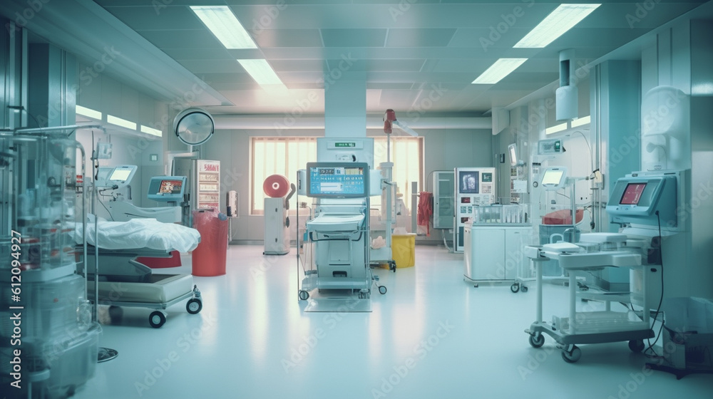 a hospital room or operating room with medical equipment, indoor, hospital bed and computer screens a hospital room or operating room with medical equipment, indoor, hospital bed and computer screens