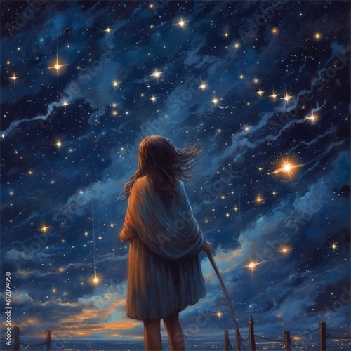 Girl is looking at the stars tonight created with Generative AI technology