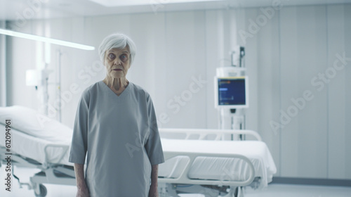 hospital  elderly woman  old woman in a room with a bed  sad humble mood  alone and lonely or sick and sickly  bedridden