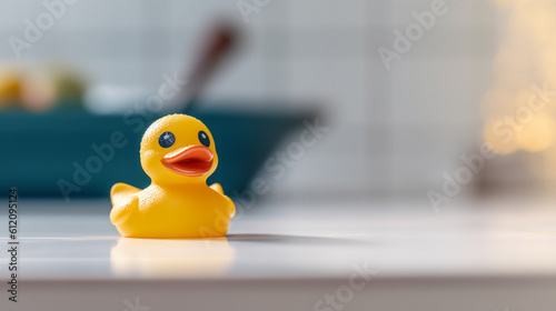 yellow rubber duck, rubber duck next to the bathtub with bath water