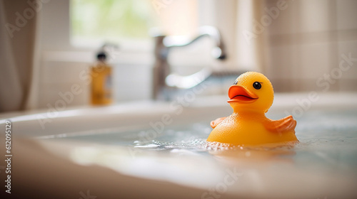 Foto yellow rubber duck in the bath water in the bathtub, rubber duck