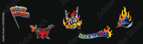 Hard Rock Music Emblem with Heart, Swallow Bird, Horn Sign and Flag Vector Set
