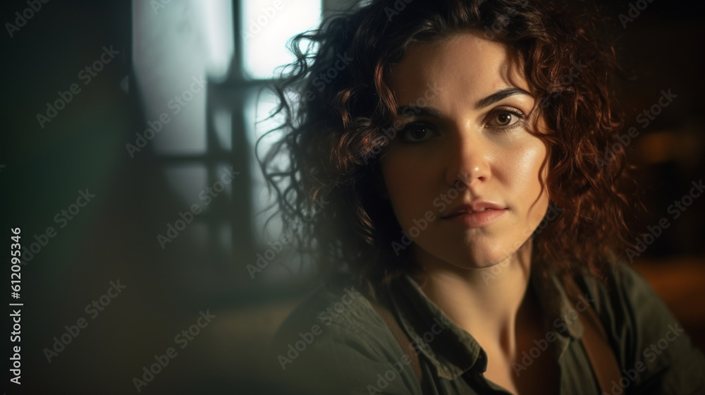 mature adult woman in a stairwell, dark green shirt, hair dyed reddish brown, light make-up, sad facial expression and mood, pensive, fictional event mature adult woman in a stairwell, dark green shirt, hair dyed reddish brown, light make-up, sad facial expression and mood, pensive, fictional event