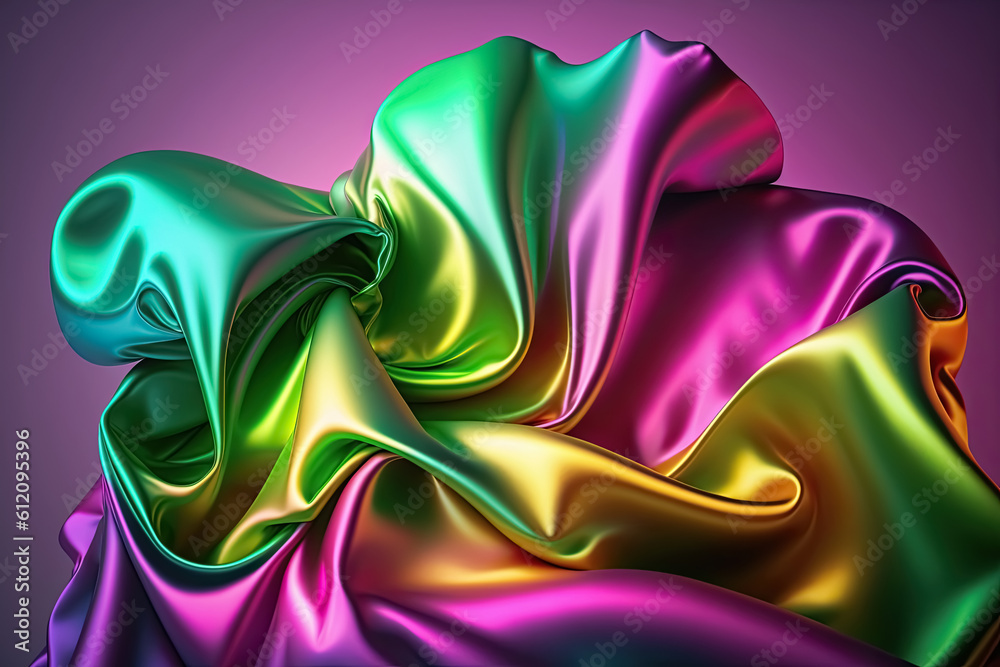 Obraz premium Neon colorful abstract shiny plastic silk or satin wavy background. Generative AI.