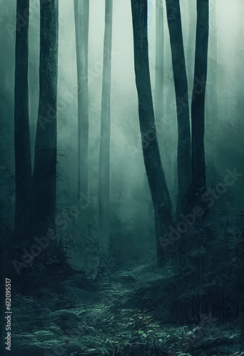 Gloomy, spooky, foggy dark forest landscape. Surreal mysterious horror forest background. Generative AI © Bisams