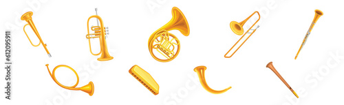 Brass Musical Instruments with French Horn  Trumpet and Clarinet Vector Set