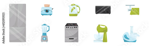 Kitchen Appliances with Toaster, Kettle, Fridge, Microwave Oven, Blender, Mixer and Juice Squeezer Vector Set