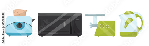 Kitchen Appliances with Toaster, Kettle, Microwave Oven and Mincing Machine Vector Set