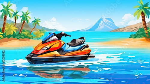 Jet ski on tropic island Beach. Watercolor drawing Generative AI
