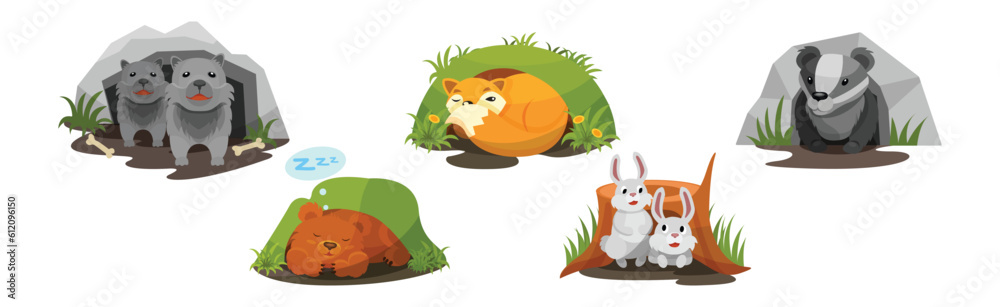 Naklejka premium Animals Inside Their Burrow Living in Forest Vector Set