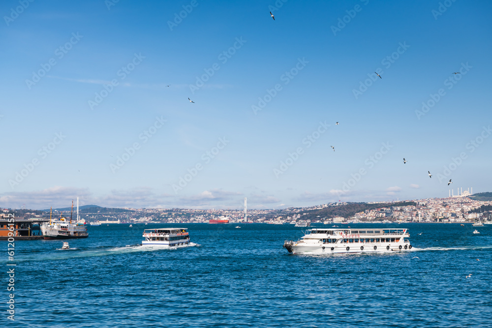 Tourist ships on the Boshporus in Istanbul, Turkey.