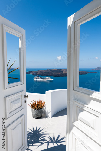 White architecture in Santorini island  Greece. Beautiful terrace with sea view.