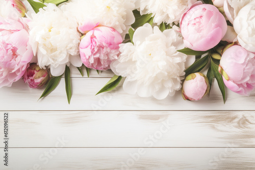 Beautiful peony flowers on white wooden background. Copy space, top view, flat lay. Generative AI. © julijadmi