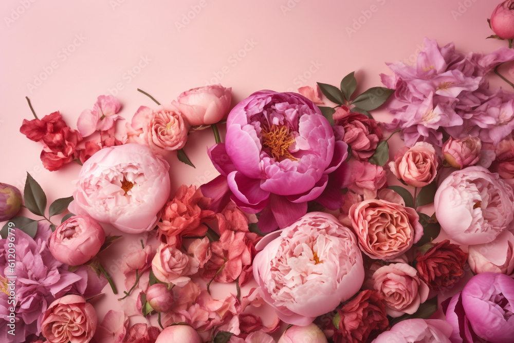 Roses on pink background with copy space. Abstract natural floral frame layout with text space. Romantic feminine composition. Wedding invitation. International Women's Day, Mother's Day concept Roses on pink background with copy space. Abstract natural floral frame layout with text space. Romantic feminine composition. Wedding invitation. International Women's Day, Mother's Day concept