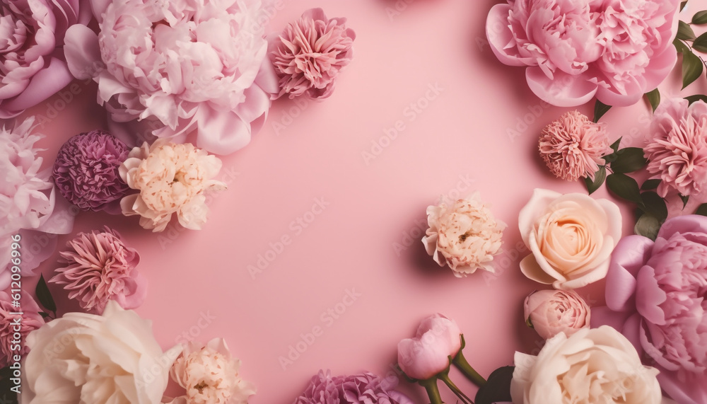 Roses on pink background with copy space. Abstract natural floral frame layout with text space. Romantic feminine composition. Wedding invitation. International Women's Day, Mother's Day concept Roses on pink background with copy space. Abstract natural floral frame layout with text space. Romantic feminine composition. Wedding invitation. International Women's Day, Mother's Day concept