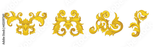 Golden Monograms and Baroque Swirl Element with Floral Ornament Vector Set