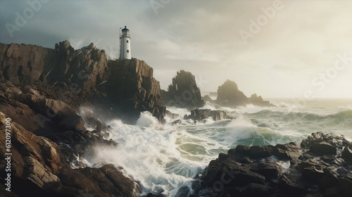 Coastal landscape with towering cliffs; crashing waves against rocky shores; a small lighthouse perched on a cliff; generative ai