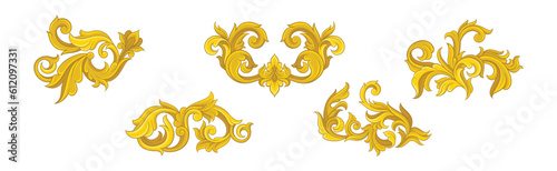 Golden Monograms and Baroque Swirl Element with Floral Ornament Vector Set © Happypictures