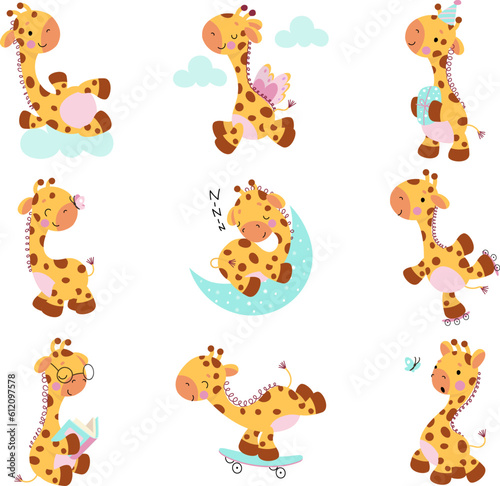Cute giraffes, baby giraffe poses cartoon collection. Kids exotic zoo animal characters, adorable wild safari africa animals nowaday vector set