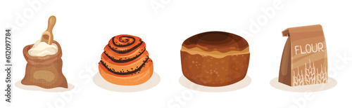 Dough and Baked Bread and Bun with Sack and Pack of Flour Vector Set