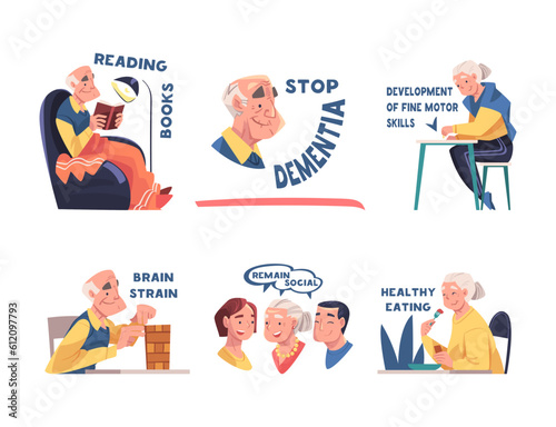 Alzheimer Prevention with Elderly Man and Woman Doing Different Activity Vector Illustration Set