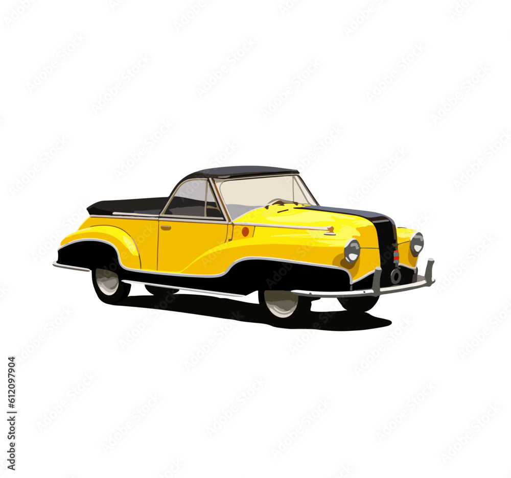 Yellow retro car or cartoon old taxi on isolated background. Vector illustration