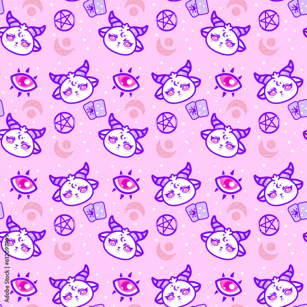 Kawaii pattern with Baphomet, eyes, cards and pentagrams on a pink background
