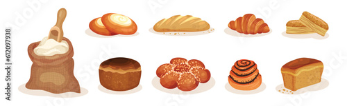 Dough and Baked Bread and Bun with Sack of Flour Vector Set