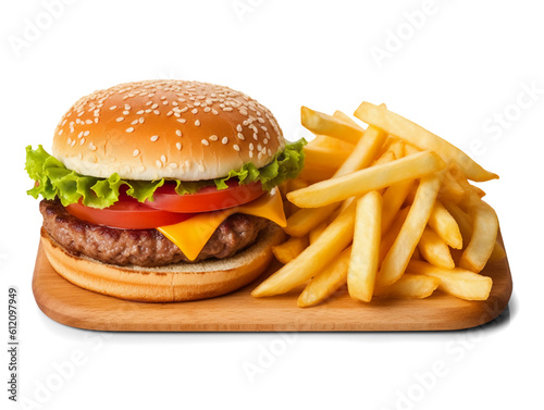 Burger and french fries isolated on transparent or white background, png