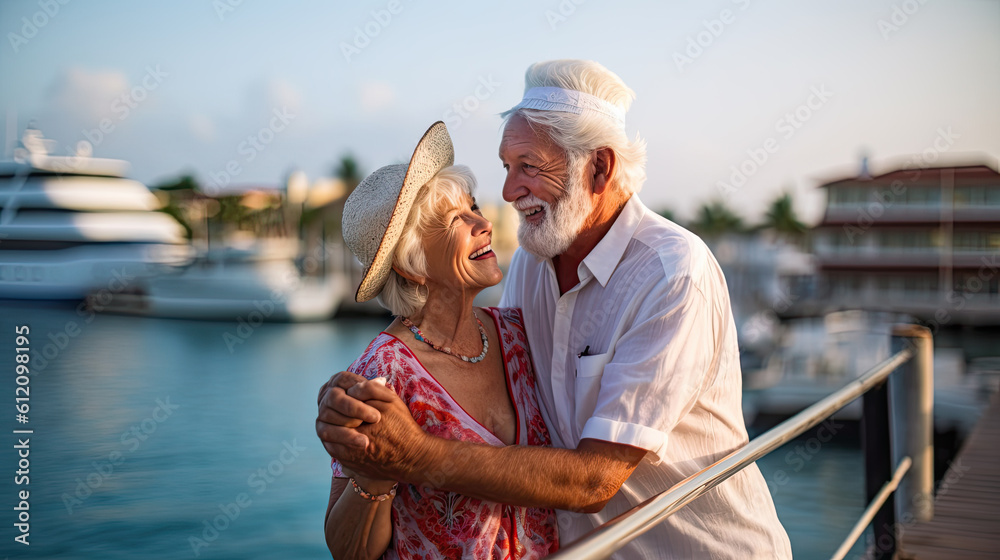 Married couple of American pensioners spend time on a tropical cruise on a huge liner, Summer vacation Generative AI - obrazy, fototapety, plakaty 