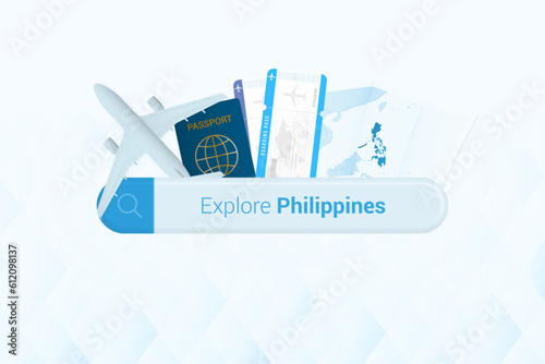 Searching tickets to Philippines or travel destination in Philippines. Searching bar with airplane, passport, boarding pass, tickets and map.