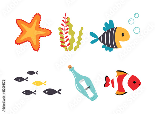 Cute Sea Animal and Underwater Creature Vector Illustration Set