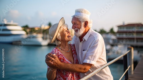 Married couple of American pensioners spend time on a tropical cruise on a huge liner, Summer vacation Generative AI