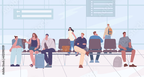 Travellers with luggage waiting transport. Bus and train station, waiting room in airport. Departure and arrival zone, people relaxed vector scene