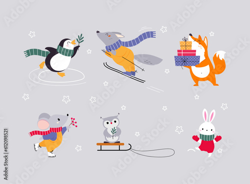 Cute Animal Enjoying Winter Season Vector Illustration Set © topvectors