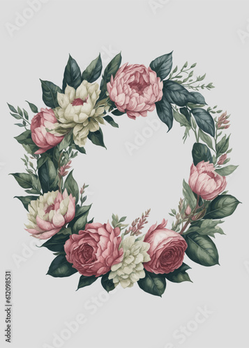 Watercolor floral wreath bouquet with green leaves, pink peach blush flowers and branches, for wedding stationary, wallpapers, fashion. Eucalyptus, olive, green leaves, rose.