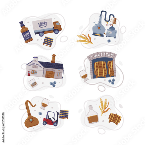 Whiskey Drink Production and Manufacture Vector Composition Set