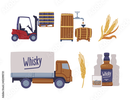 Whiskey Drink Production and Manufacture Vector Set