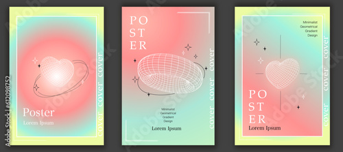 Y2K gradient modern poster set. 3D elements heart grid and 3d donut grid. Retrofuturistic y2k shapes from 00s, 90s, 80s. Trendy y2k style vector