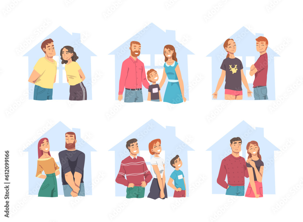 Smiling People Having Own House and Dwelling Vector Set