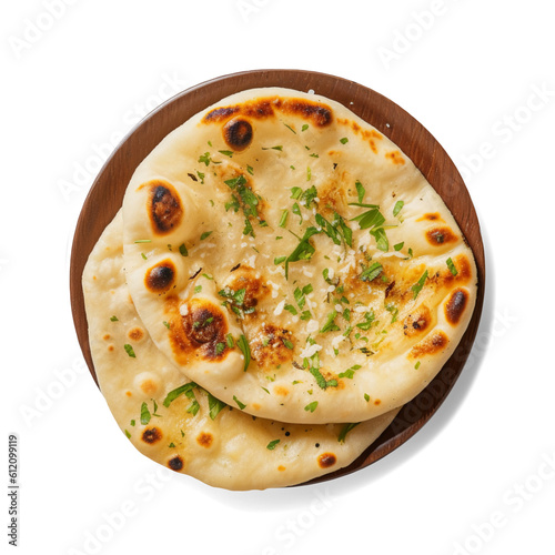 Indian naan bread with garlic and butter isolated on transparent or white background, png photo