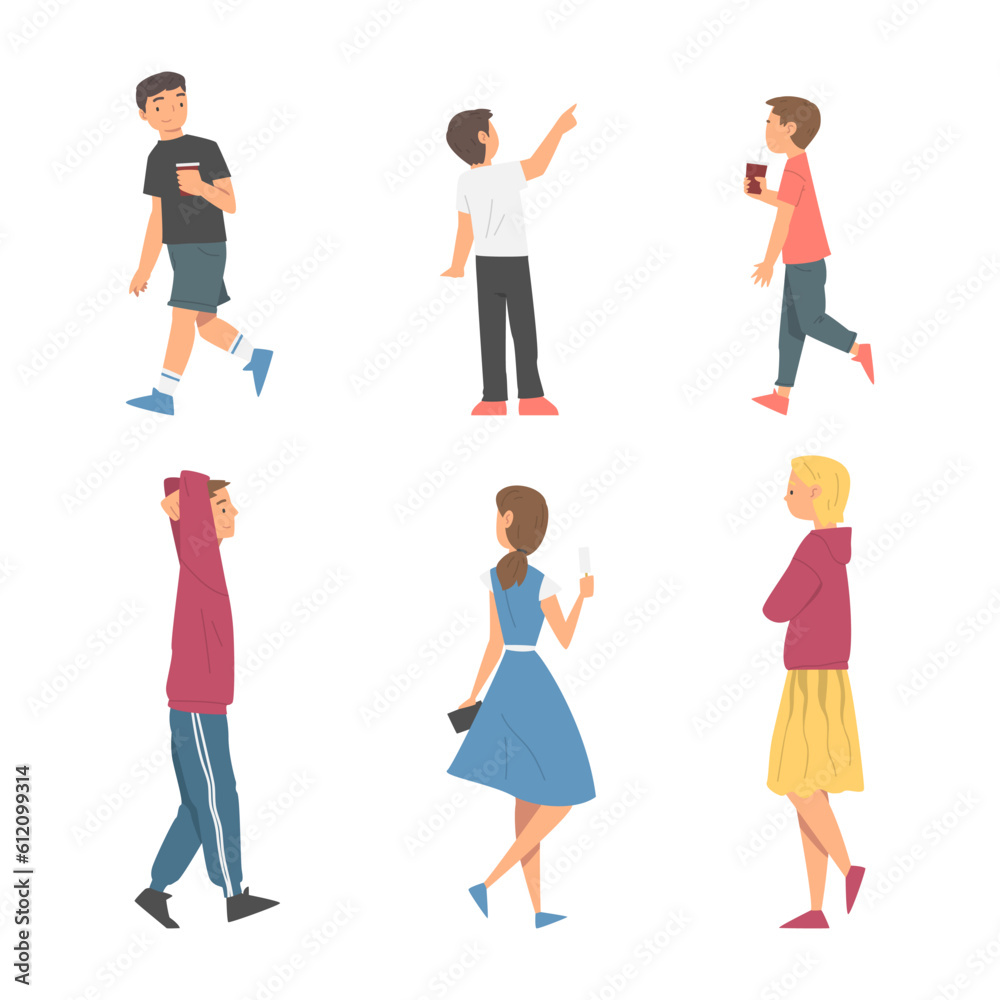 Young Man and Woman Walking with Drink and Ice Cream Vector Illustration Set Young Man and Woman Walking with Drink and Ice Cream Vector Illustration Set