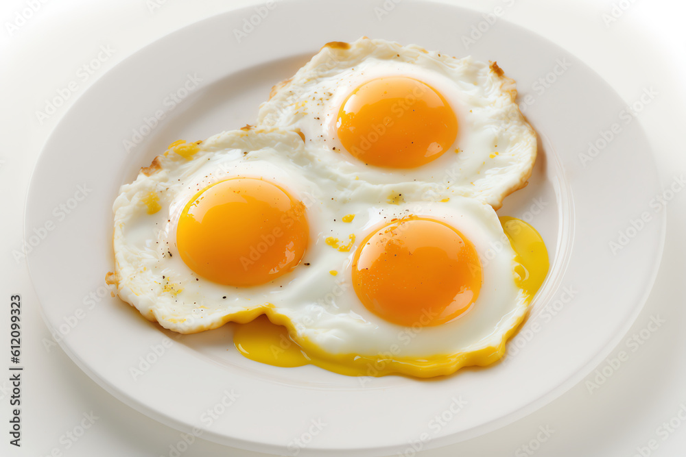 Fried eggs on white plate. Generative AI Fried eggs on white plate. Generative AI