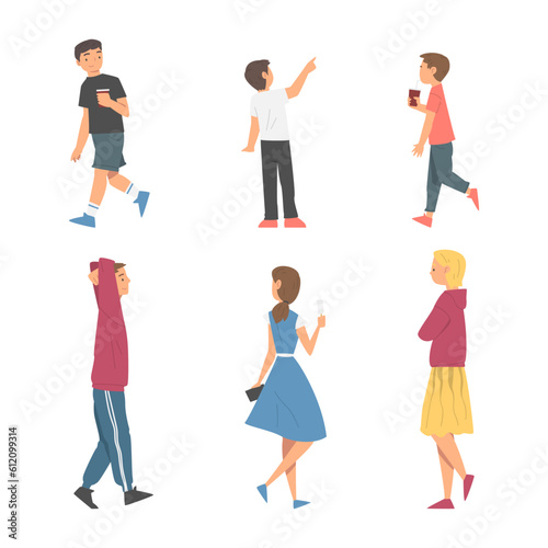 Young Man and Woman Walking with Drink and Ice Cream Vector Illustration Set