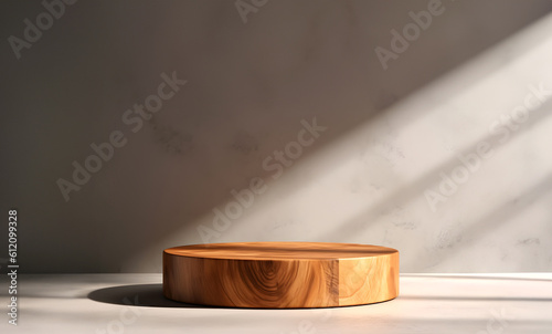 Fototapeta Naklejka Na Ścianę i Meble -  Abstract minimal concept. Wooden round wood podium on grey concrete background with shadow. Mock up template for product presentation. 3D rendering. copy text space