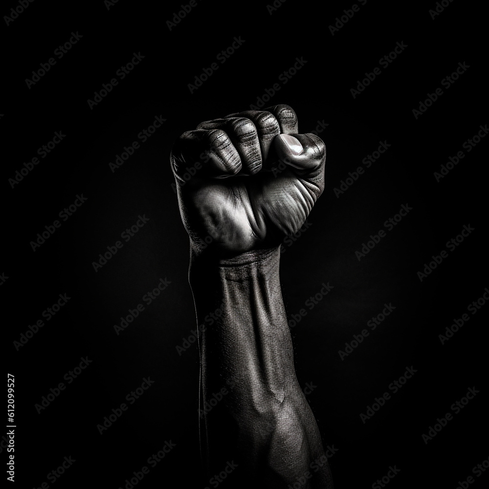 Captivating photography captures the strength and drive of a black fist against a dark background, Generative AI
