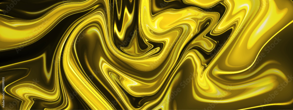 Abstract yellow, golden and black liquid marble texture background.